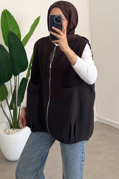 Fermuarlı Yelek - Kahverengi