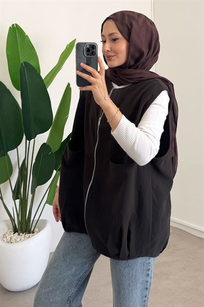 Fermuarlı Yelek - Kahverengi