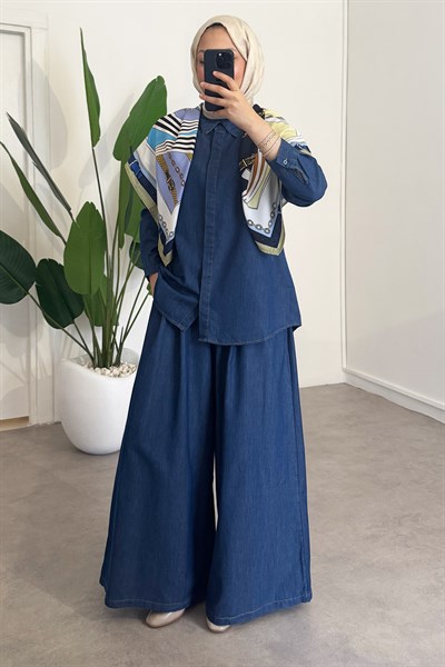 Fularlı Denim Takım - Lacivert