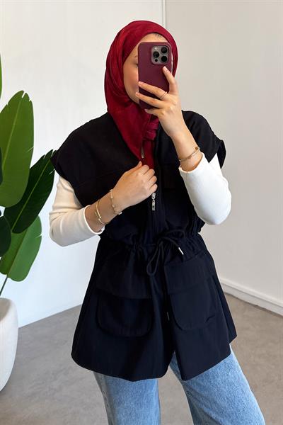 Gabardin Cepli Yelek - Siyah