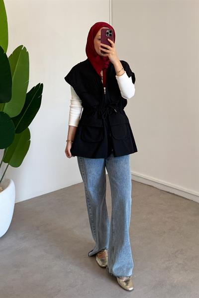 Gabardin Cepli Yelek - Siyah