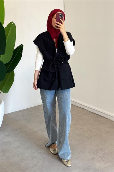Gabardin Cepli Yelek - Siyah