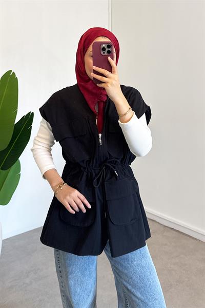 Gabardin Cepli Yelek - Siyah