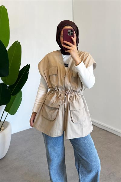 Gabardin Cepli Yelek - Bej
