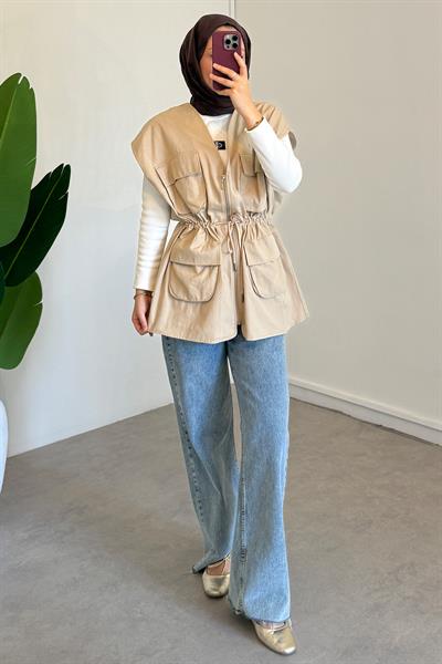 Gabardin Cepli Yelek - Bej