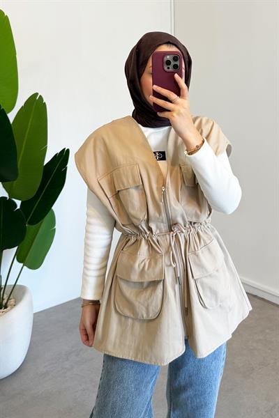 Gabardin Cepli Yelek - Bej