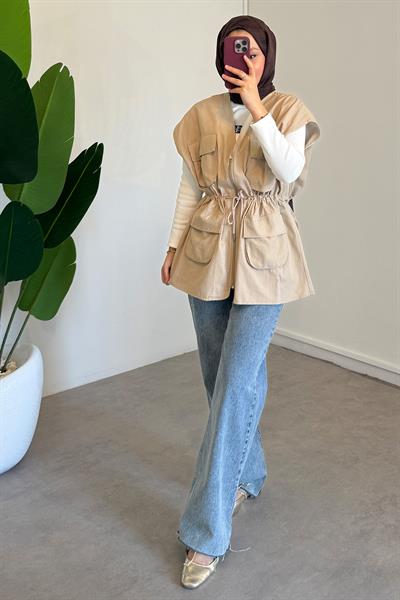Gabardin Cepli Yelek - Bej