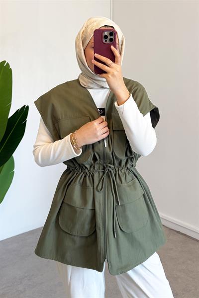Gabardin Cepli Yelek - Haki Yeşil