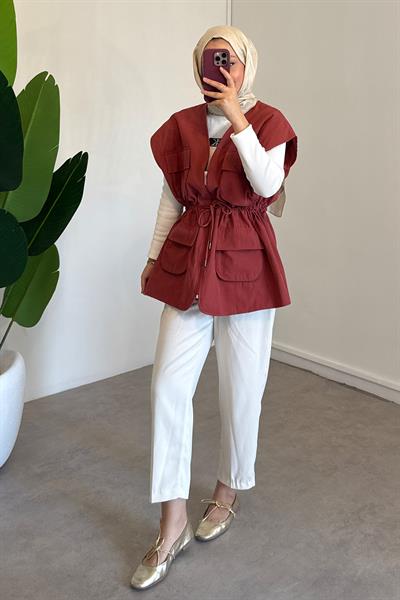 Gabardin Cepli Yelek - Kiremit