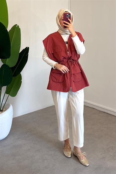 Gabardin Cepli Yelek - Kiremit