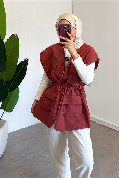 Gabardin Cepli Yelek - Kiremit