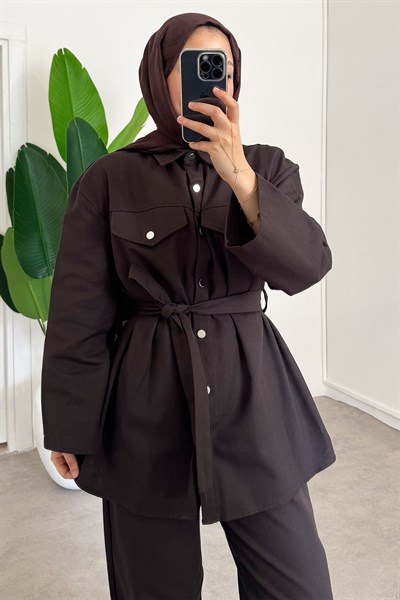 Gabardin Çıtçıtlı Takım - Kahverengi