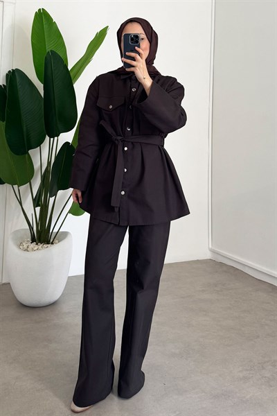 Gabardin Çıtçıtlı Takım - Kahverengi