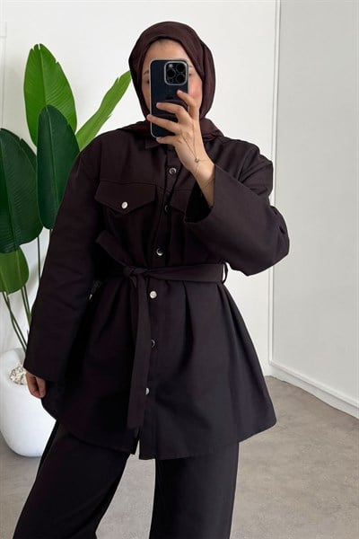 Gabardin Çıtçıtlı Takım - Kahverengi