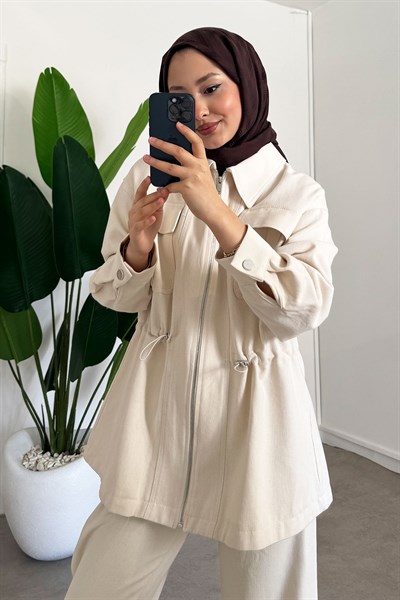 Gabardin Fermuarlı Takım - Bej