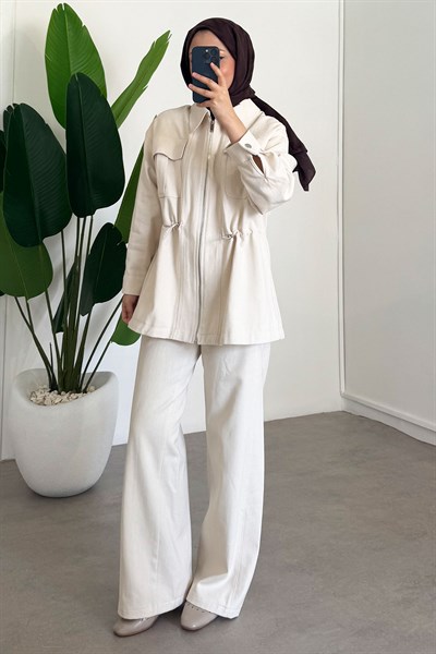 Gabardin Fermuarlı Takım - Bej