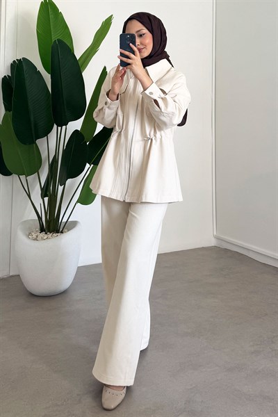 Gabardin Fermuarlı Takım - Bej