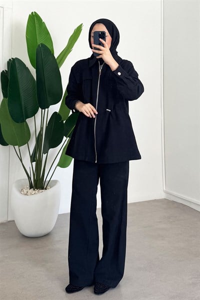 Gabardin Fermuarlı Takım - Siyah