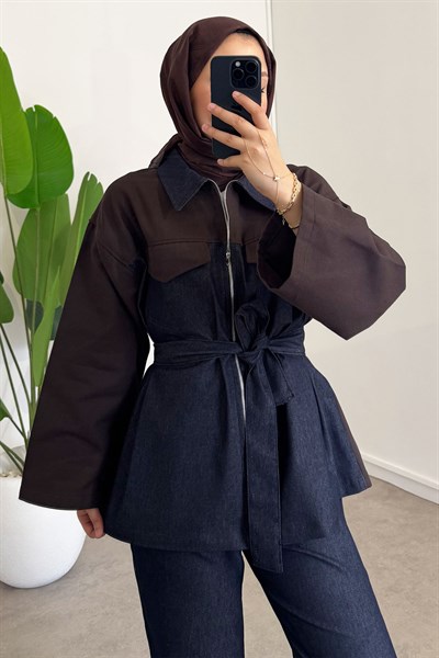 Garnili Denim Takım - Kahverengi