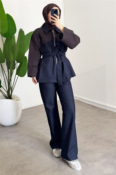 Garnili Denim Takım - Kahverengi