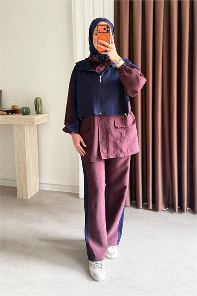 Garnili Fermuarlı Takım - Mürdüm