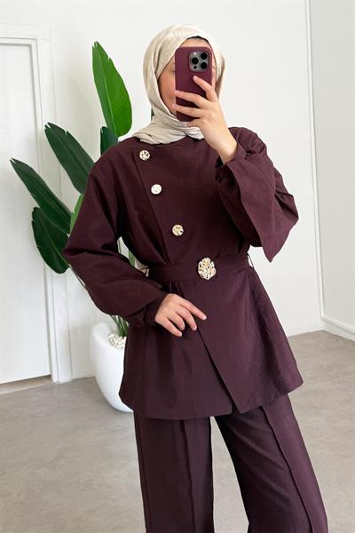 Gold Düğmeli Takım - Bordo