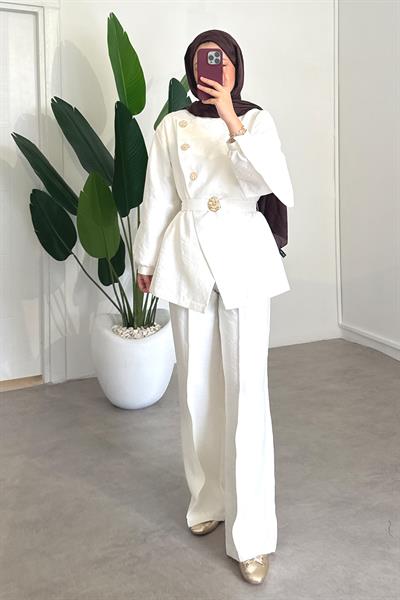 Gold Düğmeli Takım - Ekru