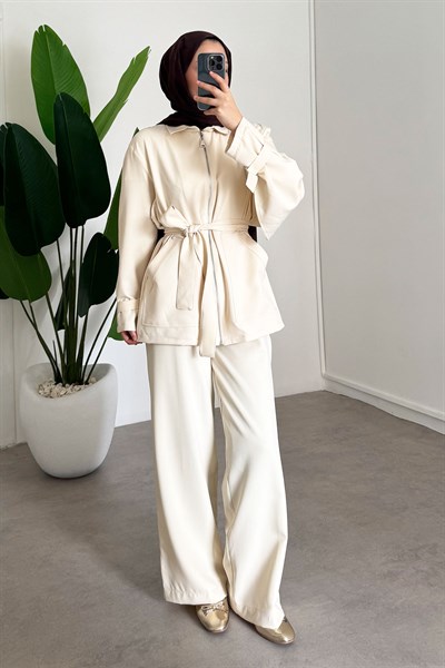 İkili Fermuarlı Takım - Bej