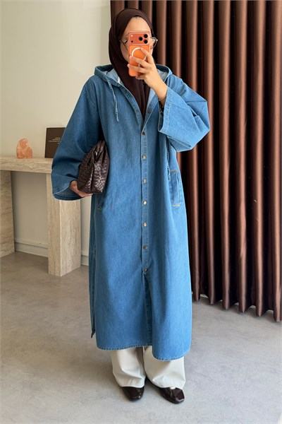 Kapüşonlu Denim Gömlek - Açık Kot