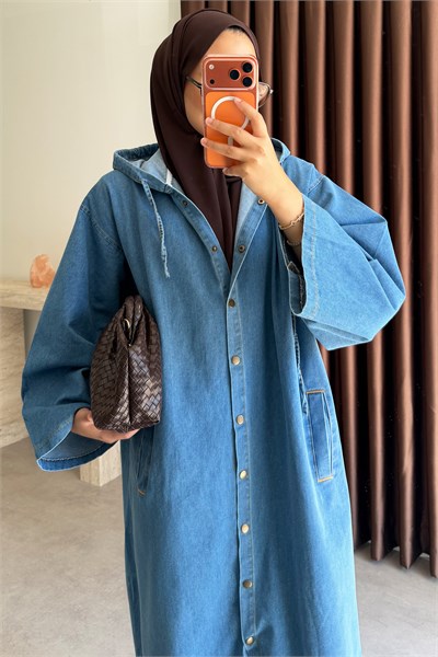Kapüşonlu Denim Gömlek - Açık Kot