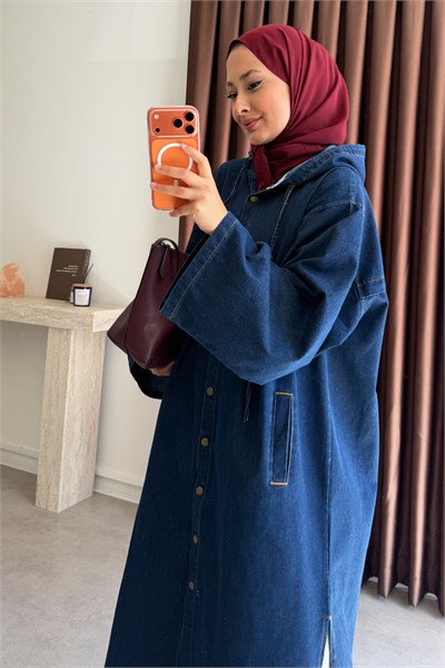 Kapüşonlu Denim Gömlek - Koyu Kot