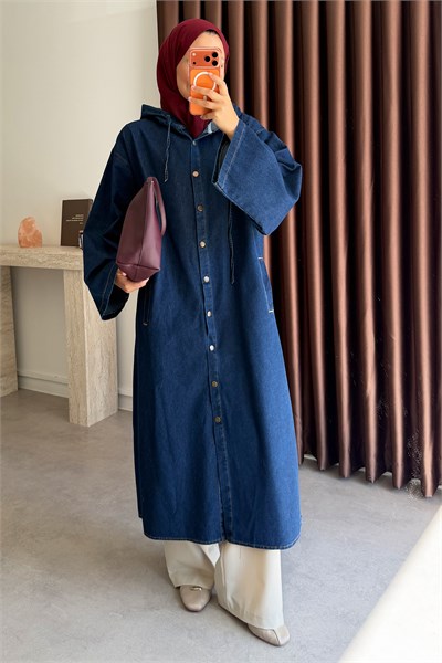 Kapüşonlu Denim Gömlek - Koyu Kot