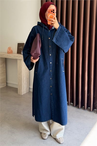 Kapüşonlu Denim Gömlek - Koyu Kot