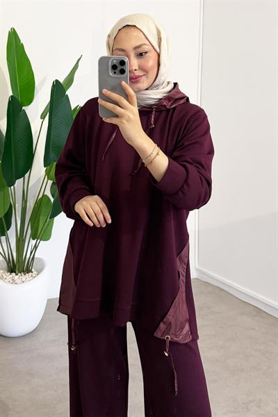 Kapüşonlu Garnili Takım - Bordo