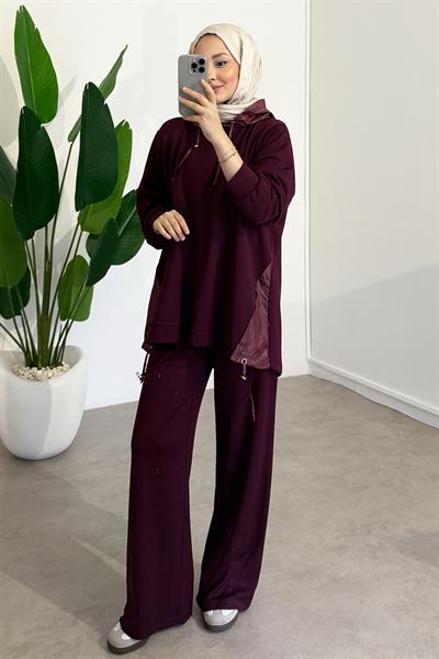 Kapüşonlu Garnili Takım - Bordo