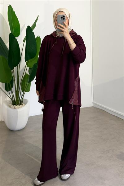 Kapüşonlu Garnili Takım - Bordo