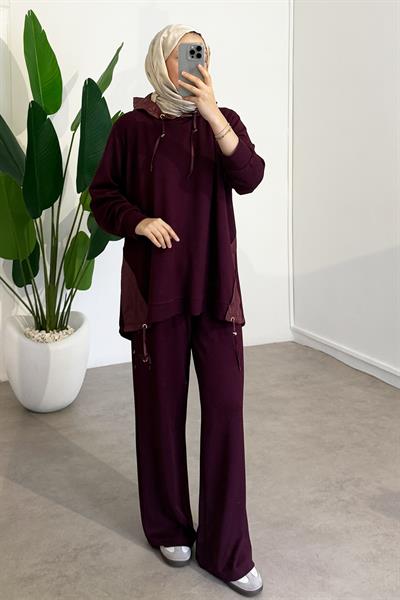 Kapüşonlu Garnili Takım - Bordo
