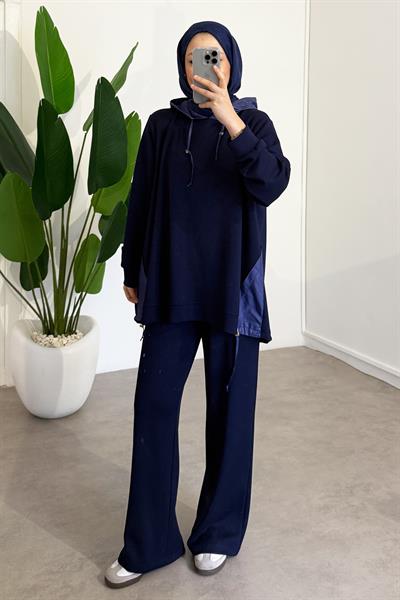 Kapüşonlu Garnili Takım - Lacivert