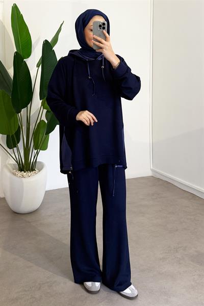 Kapüşonlu Garnili Takım - Lacivert