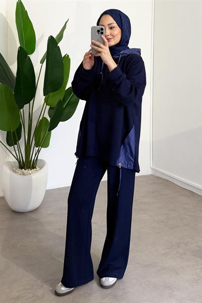 Kapüşonlu Garnili Takım - Lacivert