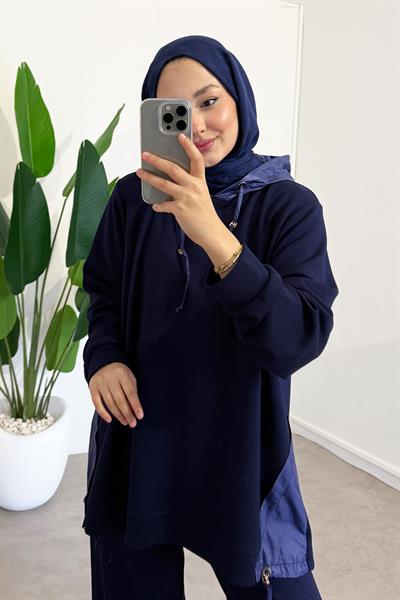 Kapüşonlu Garnili Takım - Lacivert