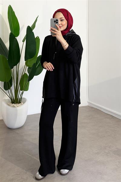 Kapüşonlu Garnili Takım - Siyah