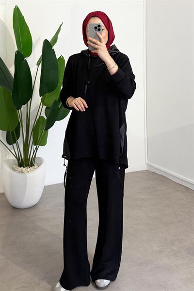Kapüşonlu Garnili Takım - Siyah