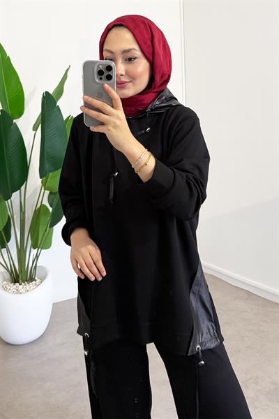 Kapüşonlu Garnili Takım - Siyah