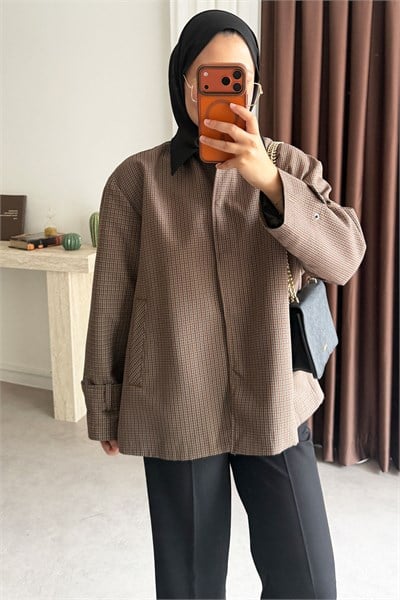 Kareli Oversize Ceket - Kahverengi
