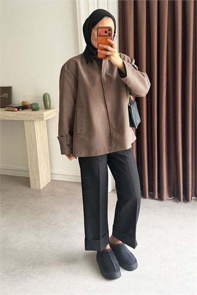 Kareli Oversize Ceket - Kahverengi