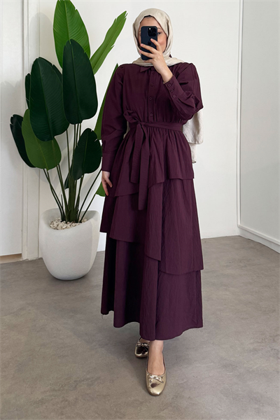 Katlı Elbise - Bordo