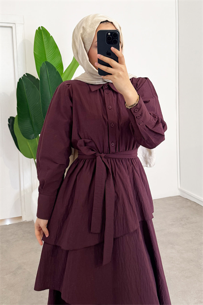 Katlı Elbise - Bordo