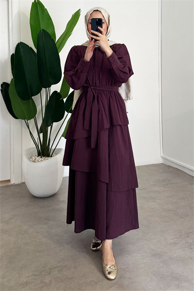 Katlı Elbise - Bordo