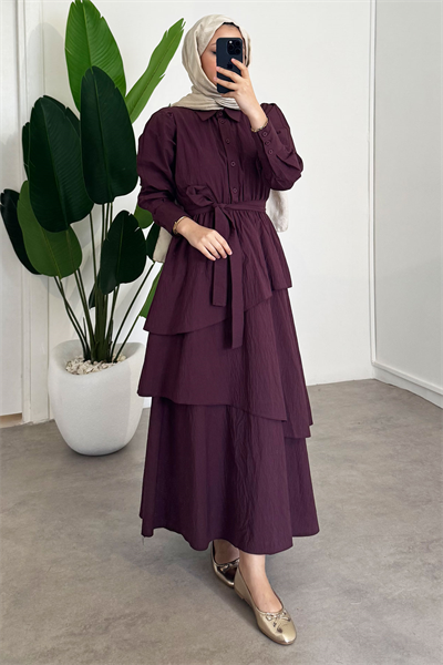 Katlı Elbise - Bordo